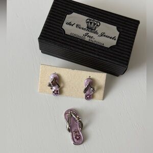 Del Coronado Jewels Purple & Silver Flip-Flop Rhinestone Earring & Charm Set